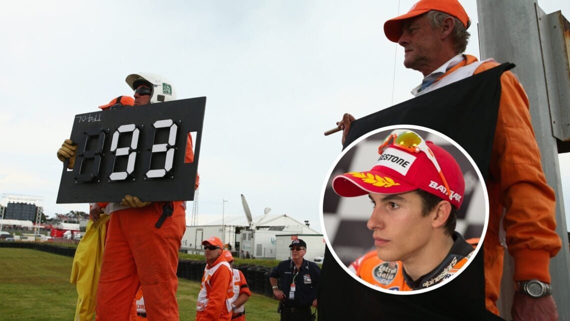 MotoGP marshals show Marc Marquez the black flag; inset of the former Honda rider in a press conference