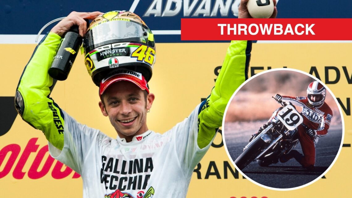 Valentino Rossi celebrates winning his seventh MotoGP title at the 2009 Malaysian Grand Prix with an inset of Freddie Spencer