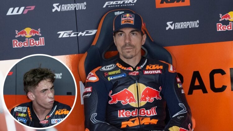 KTM Tech3 rider Maverick Vinales in the garage at the 2025 Spanish Grand Prix, inset Pedro Acosta