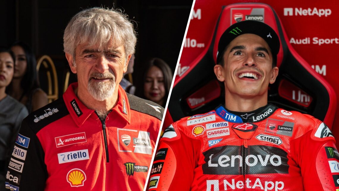 Luigi Dall'Igna of Ducati at a MotoGP fan event (L); Marc Marquez smiles in the garage (R)