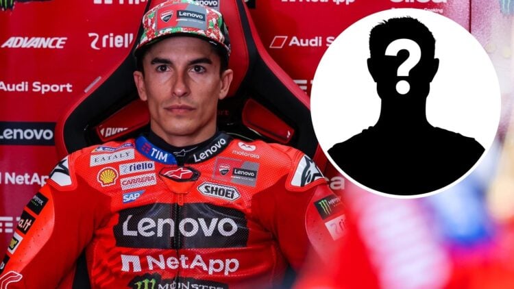 Ducati rider Marc Marquez sitting inside his Ducati garage at the 2025 Italian Grand Prix, inset Mystery rider