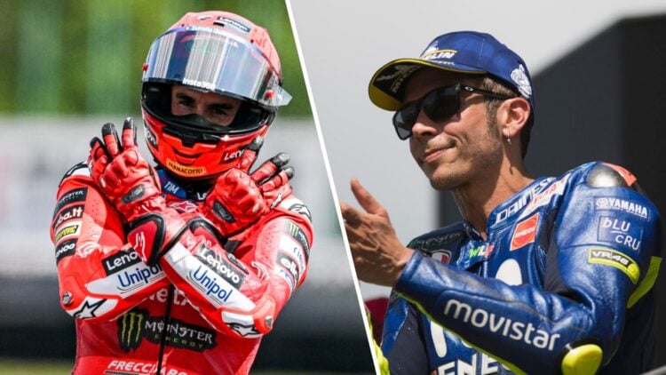 Split image of Ducati rider Marc Marquez (L) at the 2025 Czech Grand Prix and MotoGP legend Valentino Rossi (R)