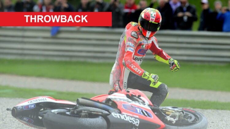 Valentino Rossi of Ducati suffers a crash during the 2011 MotoGP season