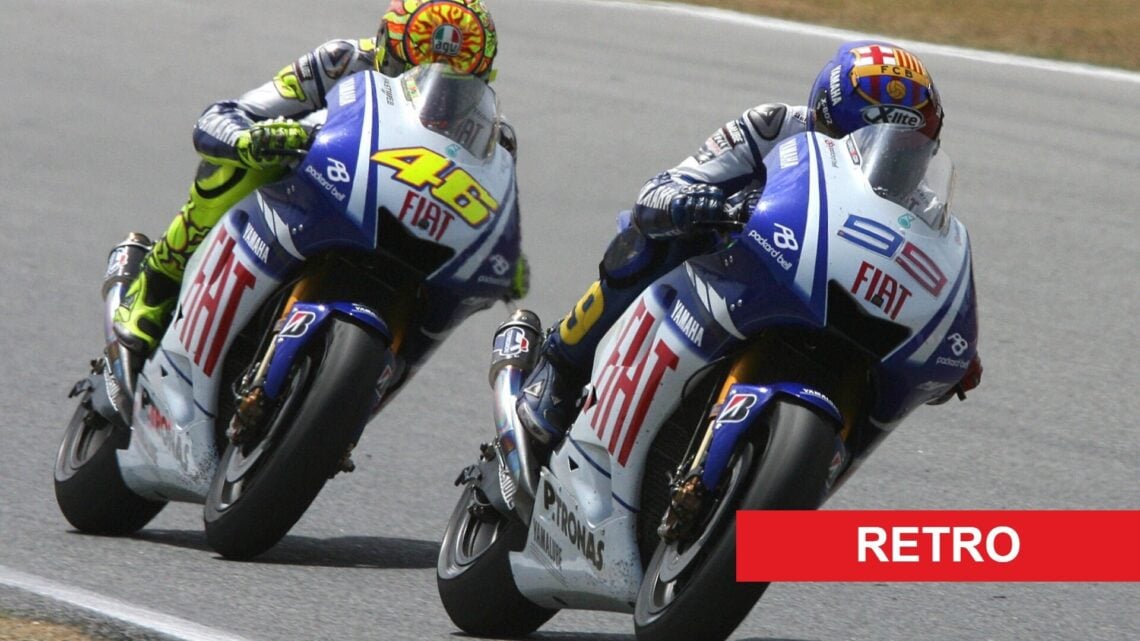 Valentino Rossi and Jorge Lorenzo battle on Yamaha MotoGP bikes