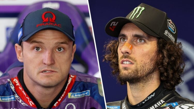 Jack Miller of Pramac at the 2025 MotoGP German Grand Prix and Yamaha rider Alex Rins in the garage during practice for the Czech GP