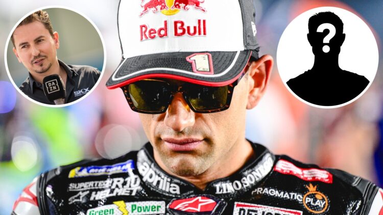 Aprilia rider Jorge Martin at the 2025 Qatar Grand Prix, insets Jorge Lorenzo and Mystery riders