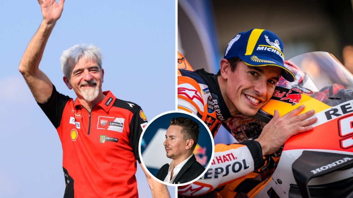 Luigi Dall'Igna of Ducati celebrates on the podium (L); Marc Marquez poses with his Honda bike (R); inset of Jorge Lorenzo