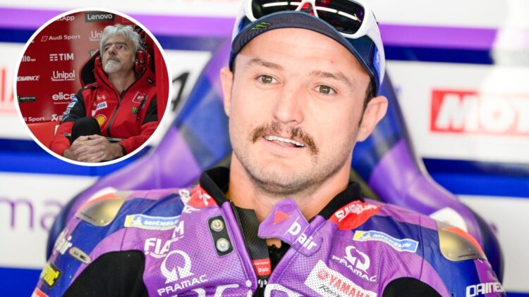 Pramac rider Jack Miller at the 2025 Italian Grand Prix, inset Ducati chief Luigi Dall'Igna at the 2025 British Grand Prix