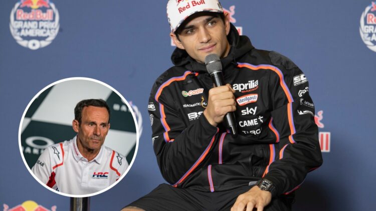 Jorge Martin of Aprilia speaks in a press conference; inset of Honda boss Alberto Puig