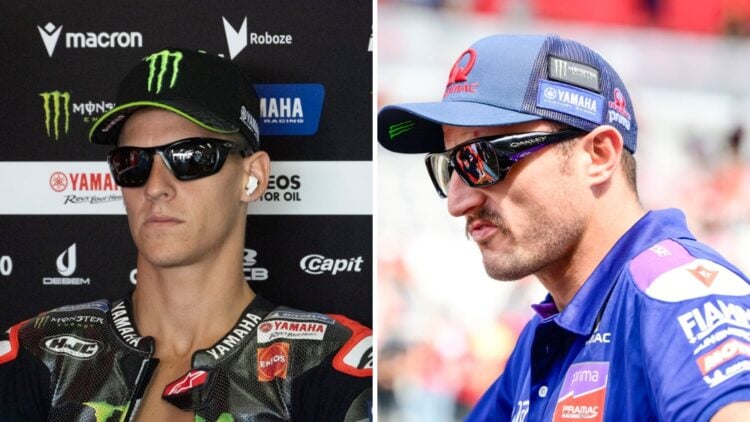 Fabio Quartararo of Yamaha sits in the garage (L); Jack Miller of Pramac looks on (R)