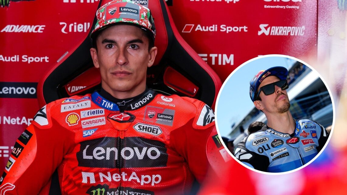 Marc Marquez sits in the Ducati MotoGP garage; inset of Alex Marquez of Gresini
