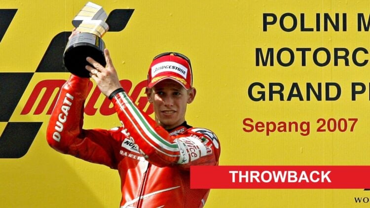 Ducati rider Casey Stoner on the podium at the 2007 Malaysian Grand Prix