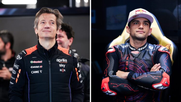 Massimo Rivola of Aprilia looks on (L); Jorge Martin sits in the garage (R)