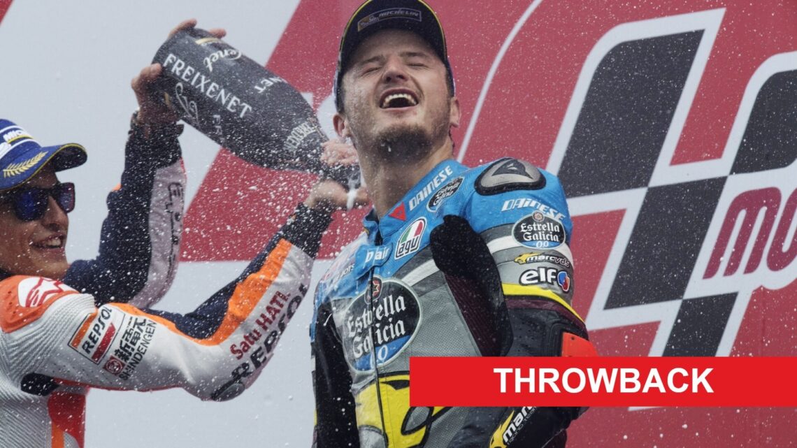 Jack Miller celebrates on the Dutch Grand Prix podium; image is labelled 'throwback'