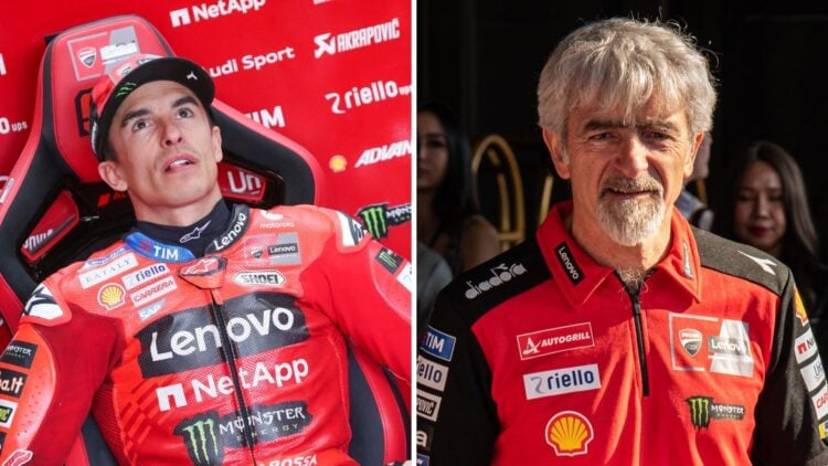 Marc Marquez of Ducati sits in the garage (L); Luigi Dall'Igna looks on (R)