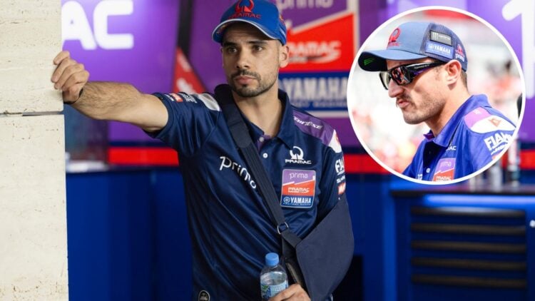 Pramac Yamaha rider Miguel Oliveira in the 2025 MotoGP Qatar Grand Prix pit lane, inset Jack Miller
