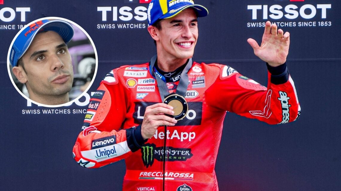 Marc Marquez of Ducati celebrates winning a MotoGP Sprint race; inset of Miguel Oliveira