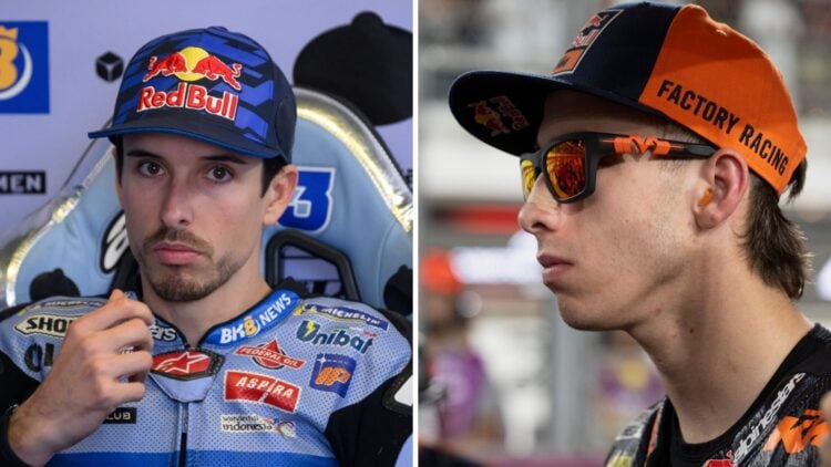 Split image of Gresini rider Alex Marquez (L) at the 2025 French Grand Prix and KTM rider Pedro Acosta (R)