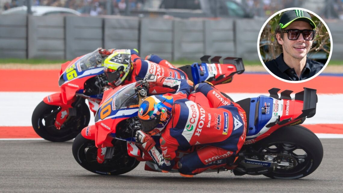 Joan Mir and Luca Marini ride Honda's MotoGP bikes; inset of Valentino Rossi