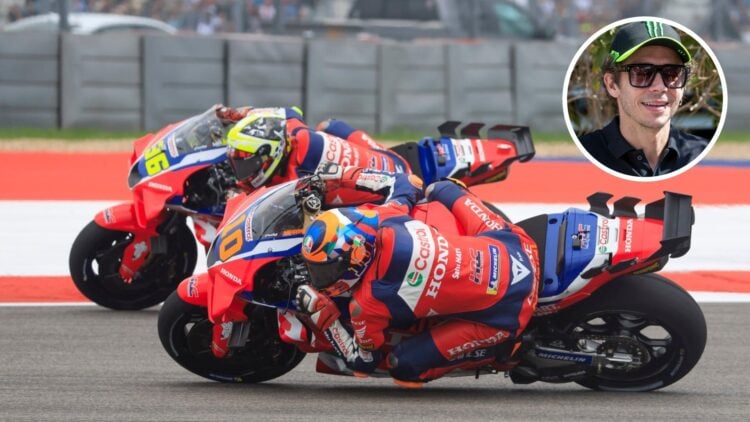 Joan Mir and Luca Marini ride Honda's MotoGP bikes; inset of Valentino Rossi