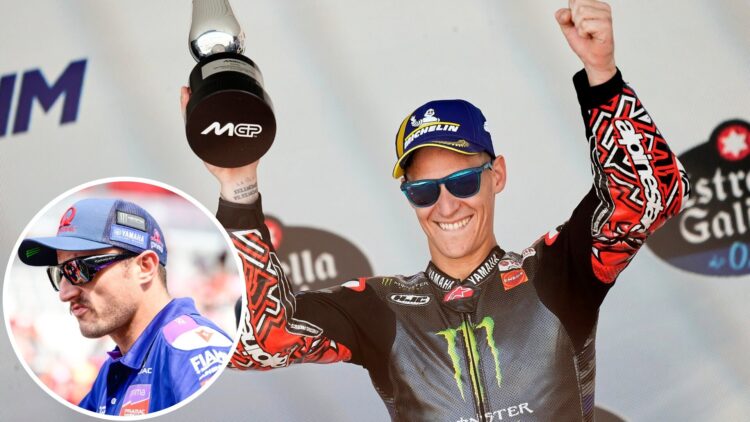 Fabio Quartararo of Yamaha celebrates on the MotoGP podium; inset of Jack Miller of Pramac