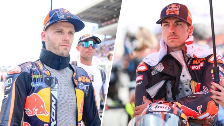Brad Binder of KTM on the Mugello grid before the 2025 Italian Grand Prix and Maverick Vinales of Tech3 at MotorLand Aragon