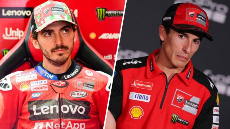 Ducati rider Francesco Bagnaia in the garage at the 2025 MotoGP Italian Grand Prix and Marc Marquez in the pre-race press conference at the 2025 Ar...