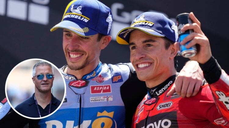 Alex Marquez of Gresini celebrates with Marc Marquez of Ducati; inset of Ralf Schumacher