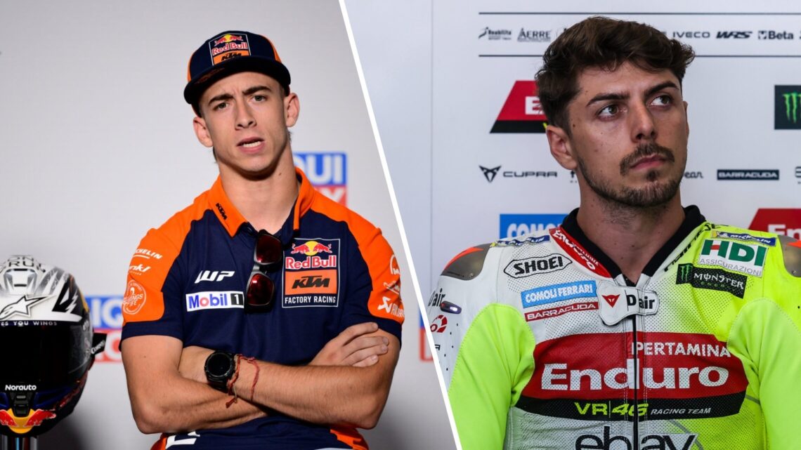 Pedro Acosta of KTM speaks in a MotoGP press conference (L); Fabio di Giannantonio sits in the VR46 garage (R)
