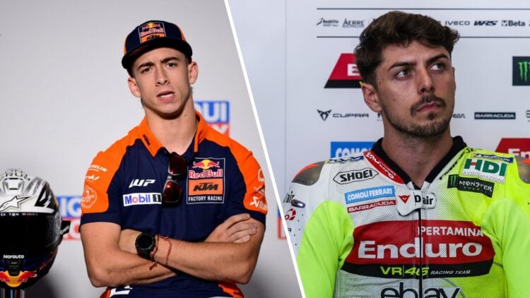 Pedro Acosta of KTM speaks in a MotoGP press conference (L); Fabio di Giannantonio sits in the VR46 garage (R)