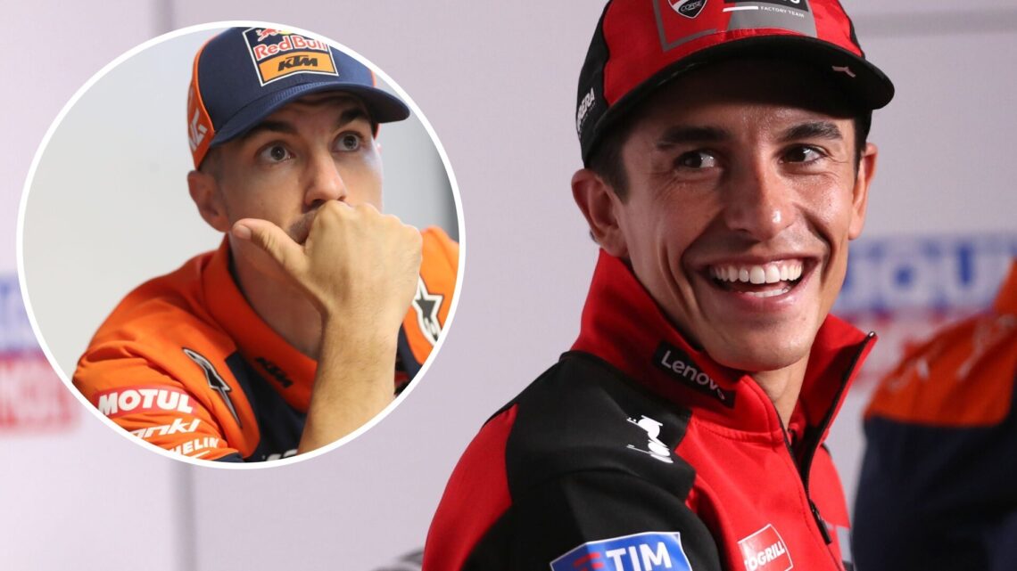Ducati rider Marc Marquez speaks to the media before the 2025 MotoGP German Grand Prix with an inset of KTM Tech3 rider Maverick Vinales