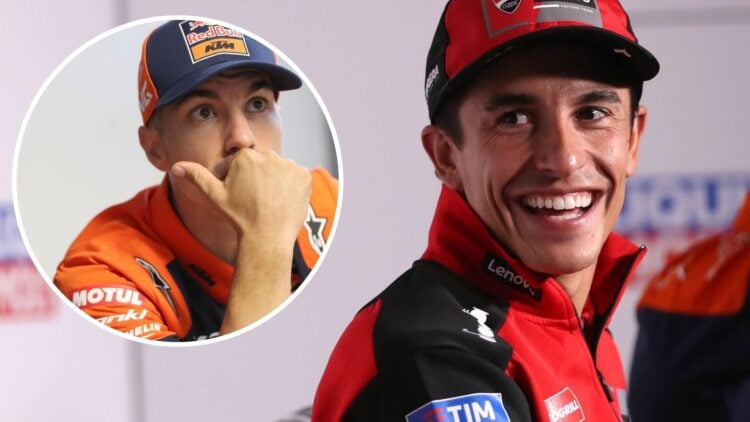 Ducati rider Marc Marquez speaks to the media before the 2025 MotoGP German Grand Prix with an inset of KTM Tech3 rider Maverick Vinales