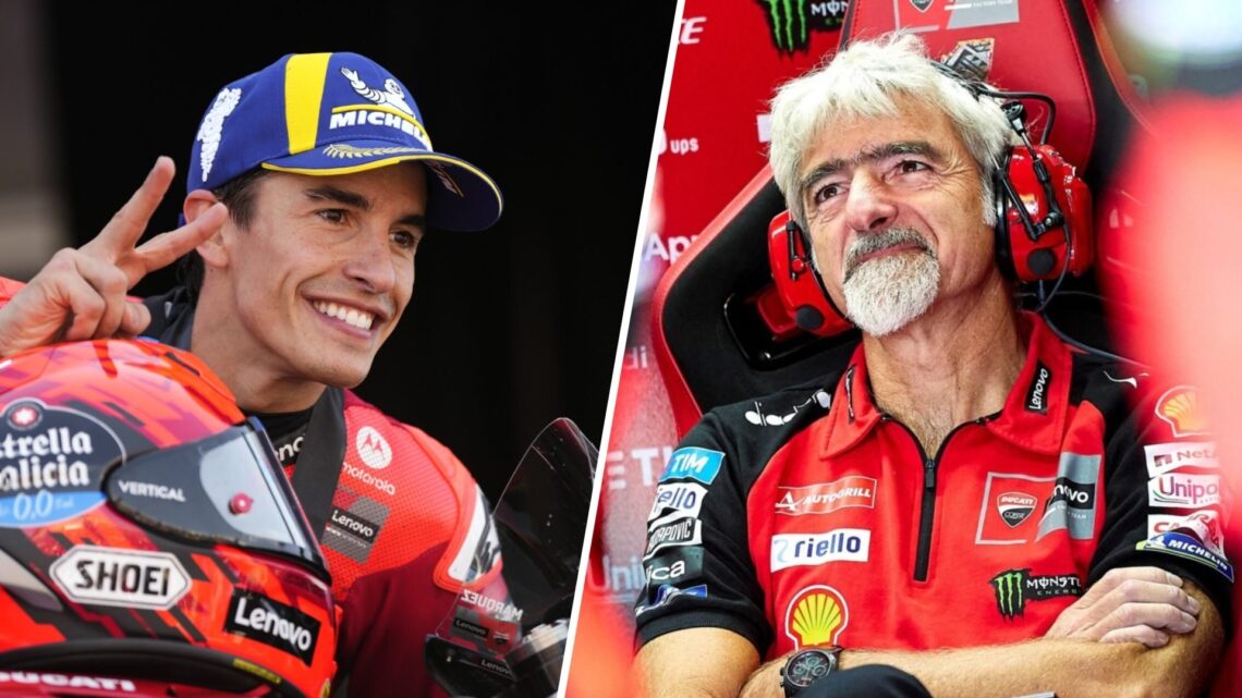 Ducati rider Marc Marquez celebrates winning the Sprint Race at the 2025 MotoGP Aragon Grand Prix and general manager Luigi Dall'Igna in the garage...