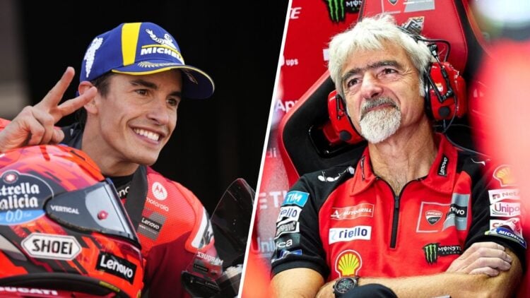 Ducati rider Marc Marquez celebrates winning the Sprint Race at the 2025 MotoGP Aragon Grand Prix and general manager Luigi Dall'Igna in the garage...