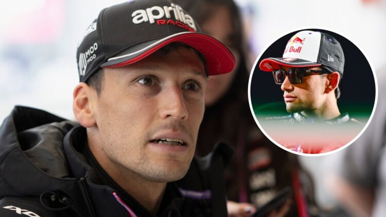 Lorenzo Savadori of Aprilia speaks to the media; inset of Jorge Martin