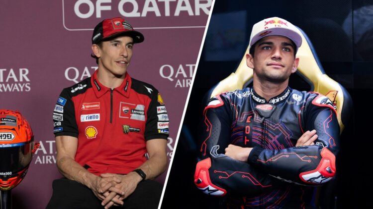 Marc Marquez of Ducati speaks in a press conference (L); Jorge Martin sits in the Aprilia garage (R)