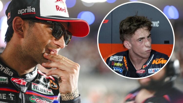 Aprilia rider Jorge Martin on the grid before the 2025 MotoGP Qatar Grand Prix with an inset of KTM's Pedro Acosta in Thailand
