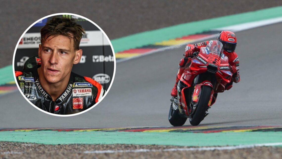 Ducati rider Marc Marquez on track during qualifying for the 2025 MotoGP German Grand Prix with an inset of Yamaha's Fabio Quartararo