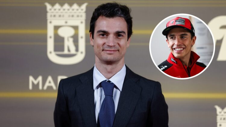 MotoGP legend Dani Pedrosa poses for a photo; inset of Marc Marquez smiling