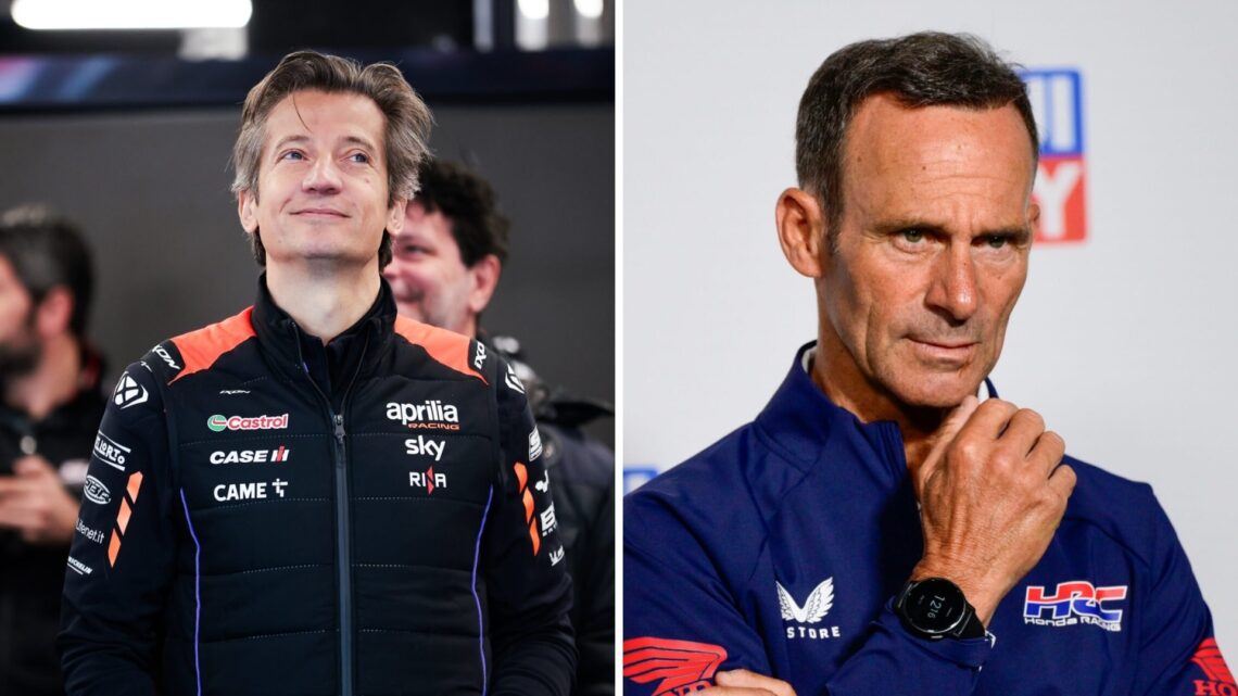 Massimo Rivola of Aprilia watches on in the garage (L); Alberto Puig of Honda in a press conference (R)