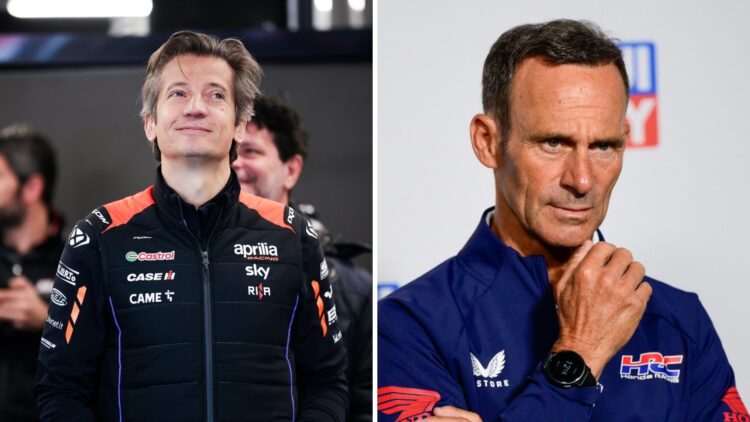 Massimo Rivola of Aprilia watches on in the garage (L); Alberto Puig of Honda in a press conference (R)