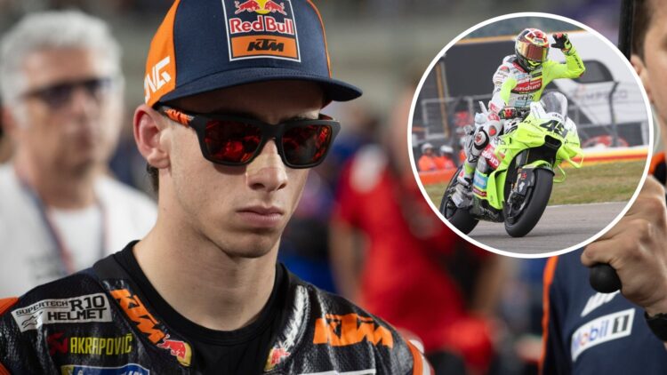 Pedro Acosta on the grid at the 2025 Qatar Grand Prix, inset Fabio Di Giannantonio at the 2025 German Grand Prix