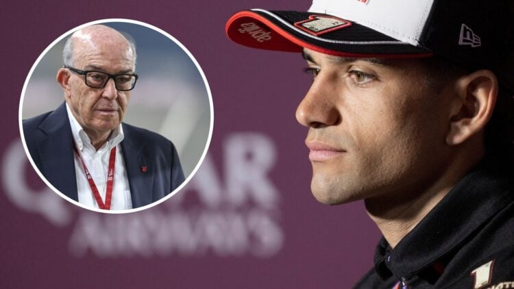 Aprilia rider Jorge Martin speaks to the media at the 2025 Qatar Grand Prix, inset Carmelo Ezpeleta