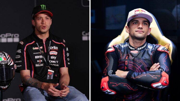 Split image of Marco Bezzecchi (L) at the 2025 Grand Prix of Aragon and Jorge Martin (R) during Barcelona testing