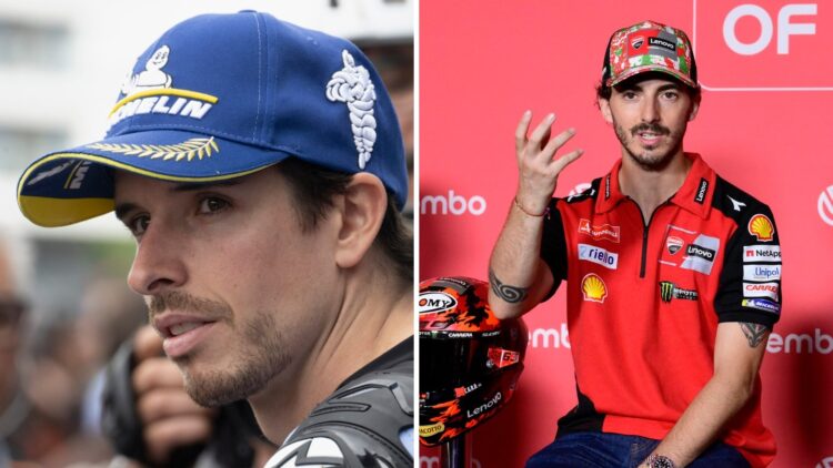 Split image of Gresini rider Alex Marquez (L) at the 2025 British Grand Prix and Francesco Bagnaia (R)