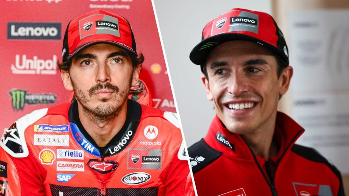 Split image of Francesco Bagnaia (L) at the 2025 Qatar Grand Prix and Marc Marquez (R) at the 2025 German Grand Prix