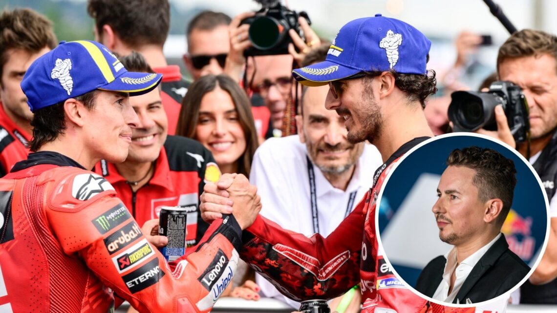 Ducati riders Marc Marquez and Francesco Bagnaia shake hands after the 2025 German Grand Prix, inset Jorge Lorenzo