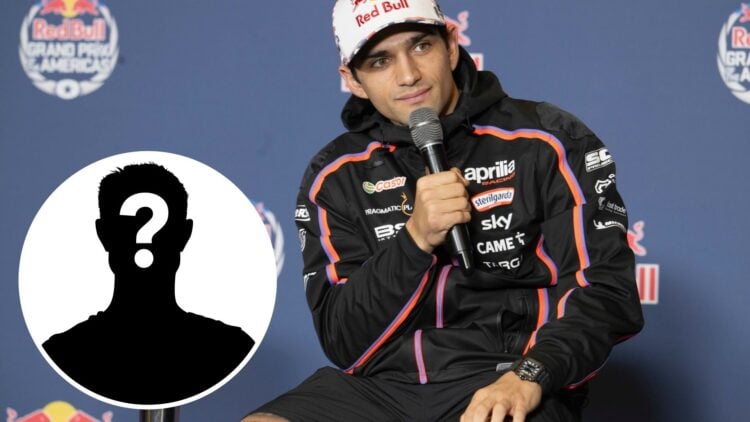 Aprilia rider Jorge Martin speaks to the media at the 2025 MotoGP Americas Grand Prix, inset Mystery driver