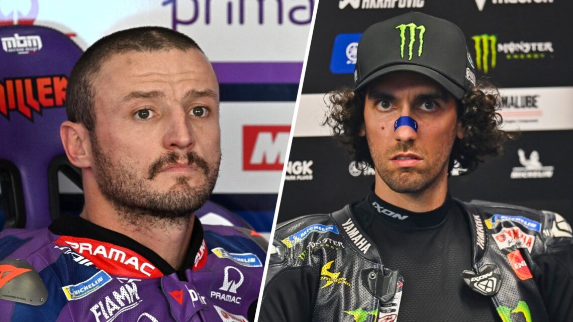 Jack Miller of Pramac sits in the MotoGP garage (L); Alex Rins of Yamaha looks on (R)