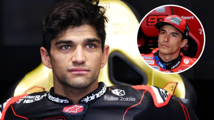 Aprilia rider Jorge Martin in the garage during the 2024 post-season MotoGP test in Barcelona with an inset of Marc Marquez in the Ducati garage